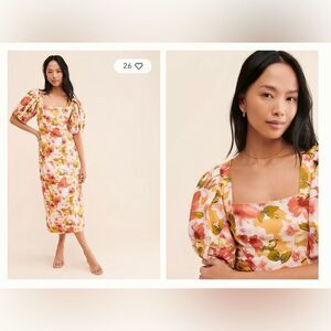 NWT Anthropologie Moon River Square Neck Puff-Sleeve Floral Orange Midi Dress